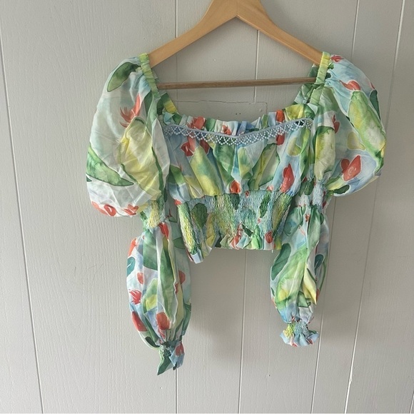 Charo Ruiz Ibiza Brisa Top NWT XS Long Sleeve Cropped Puff sleeve New Green Blue - Picture 6 of 15